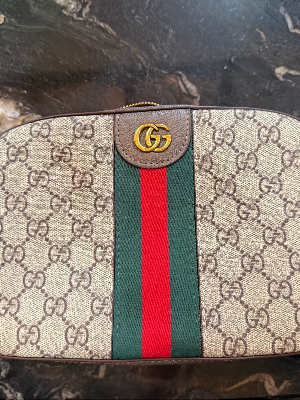 Gucci Beige Brown Monogram Crossbody with Green and Red Stripe
